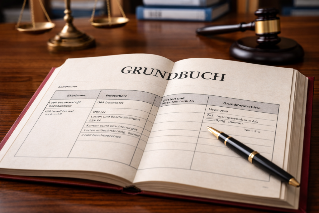 Offenes Grundbuch auf einem Holzschreibtisch
