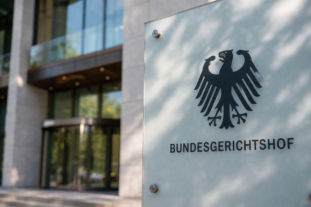 Schild des Bundesgerichtshofs mit Bundesadler vor dem Gerichtsgebäude